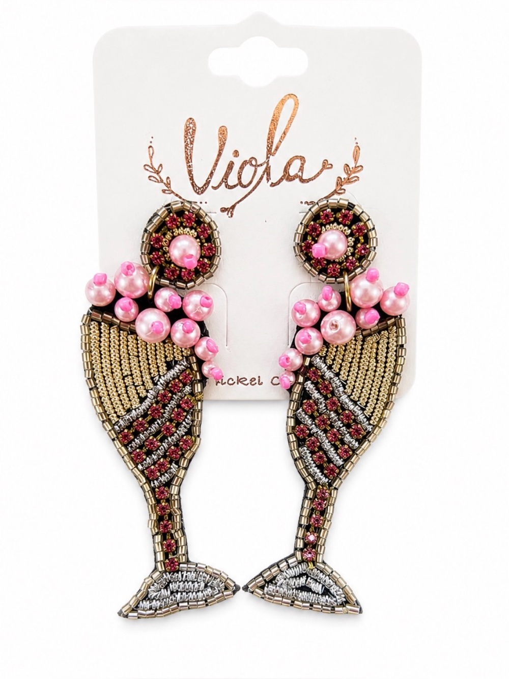 Viola Pink Champagne Flute Beaded Statement Earrings Pearl Rhinestone NWT